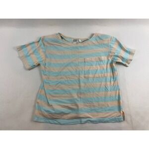 Justine Todd T-shirt Women's Size M Peach Blue Striped Short Slv  Shoulder Pads